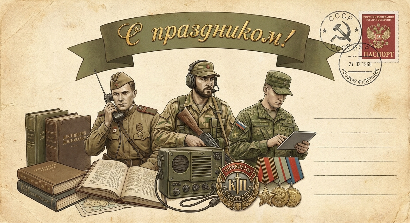 Создать открытку-картинку с поздравлением на День военного переводчика с помощью нейросети