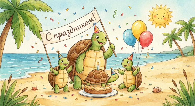 Создать открытку-картинку с поздравлением на Всемирный день черепахи с помощью нейросети
