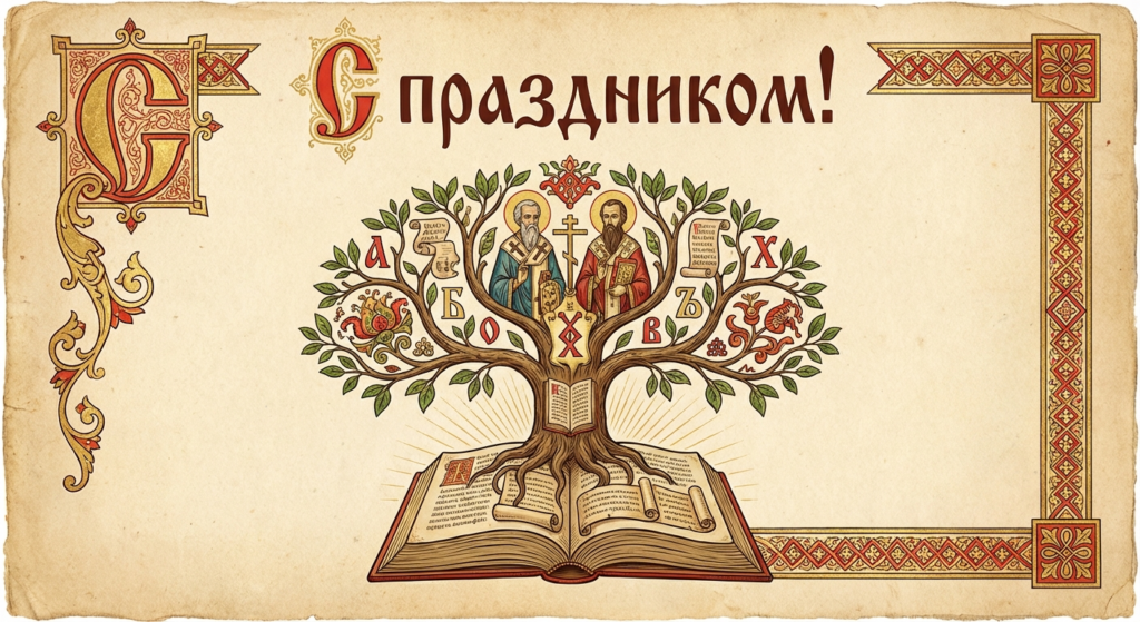 Создать открытку-картинку с поздравлением на День славянской письменности и культуры с помощью нейросети