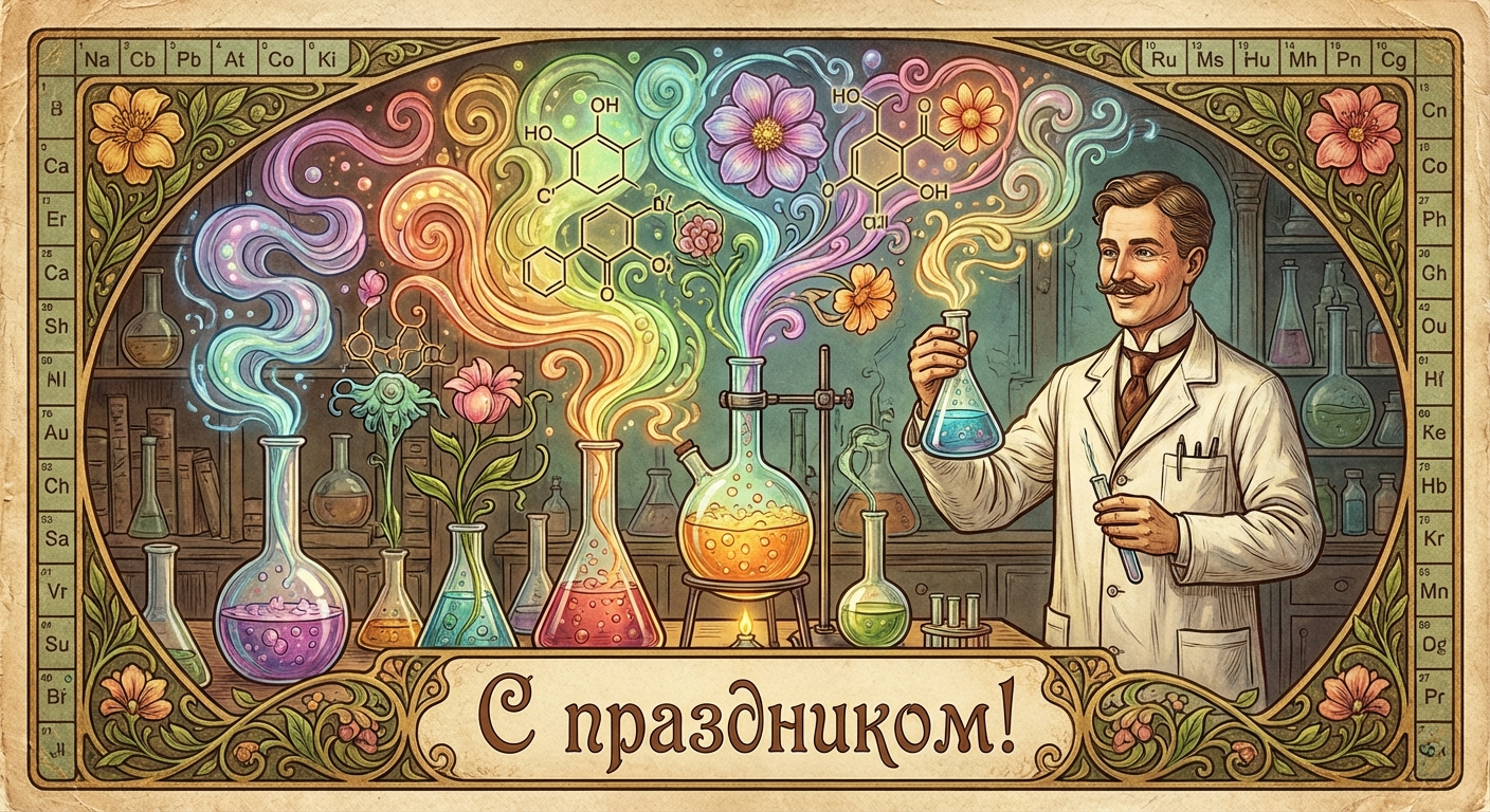 Создать открытку-картинку с поздравлением на День химика с помощью нейросети