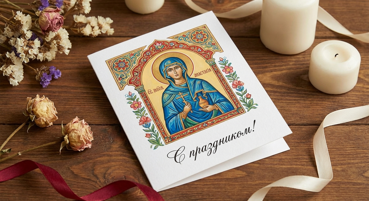 Создать открытку-картинку с поздравлением на День святой Анастасии с помощью нейросети