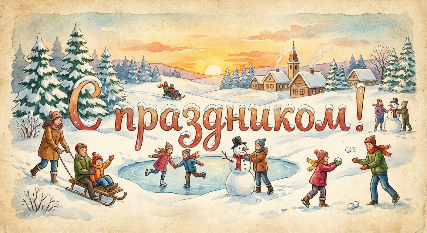 Создать открытку-картинку с поздравлением на Всемирный день снега с помощью нейросети