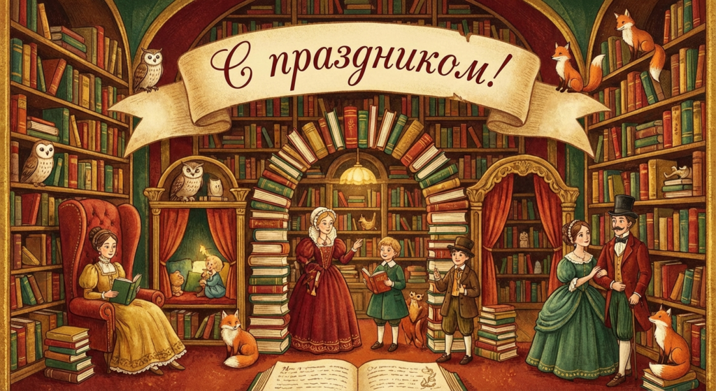 Создать открытку-картинку с поздравлением на День библиотек с помощью нейросети