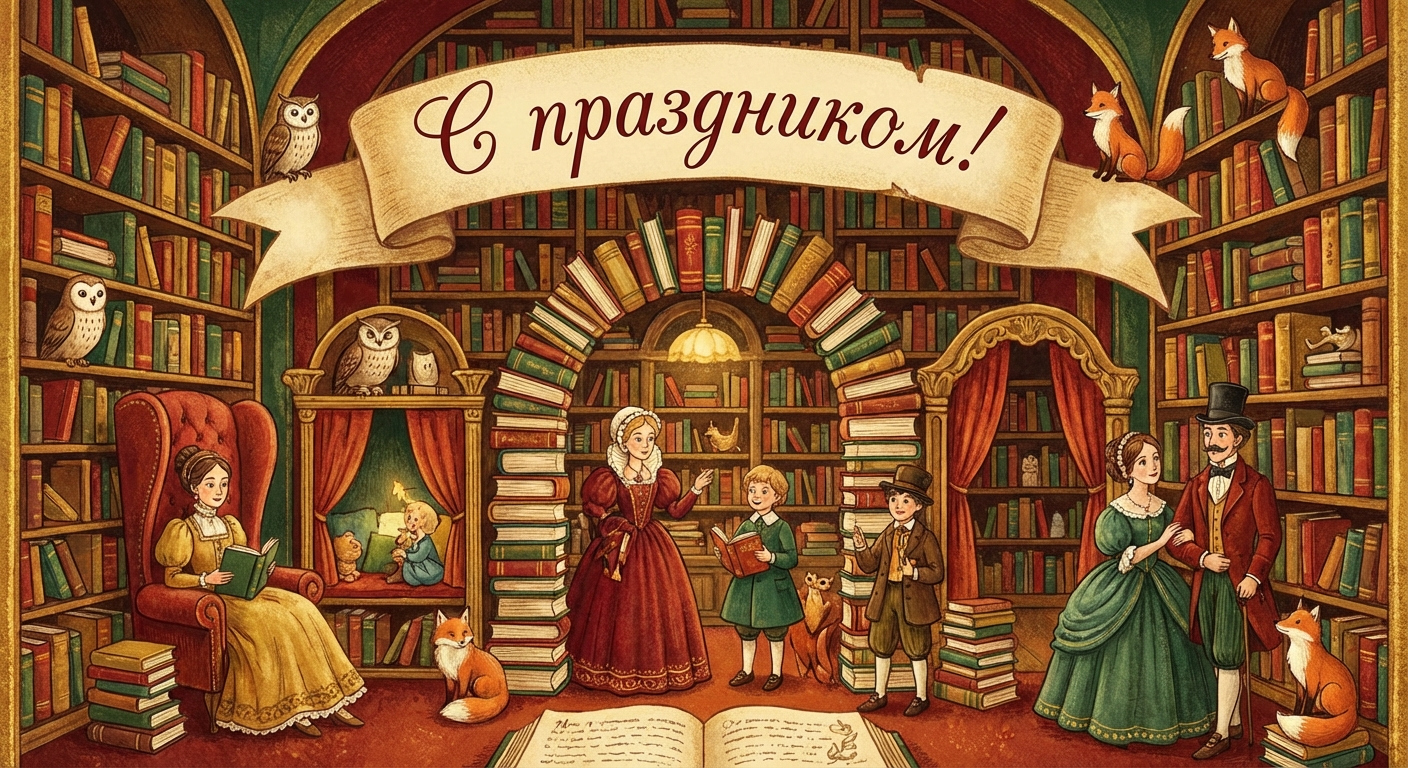 Создать открытку-картинку с поздравлением на День библиотек с помощью нейросети