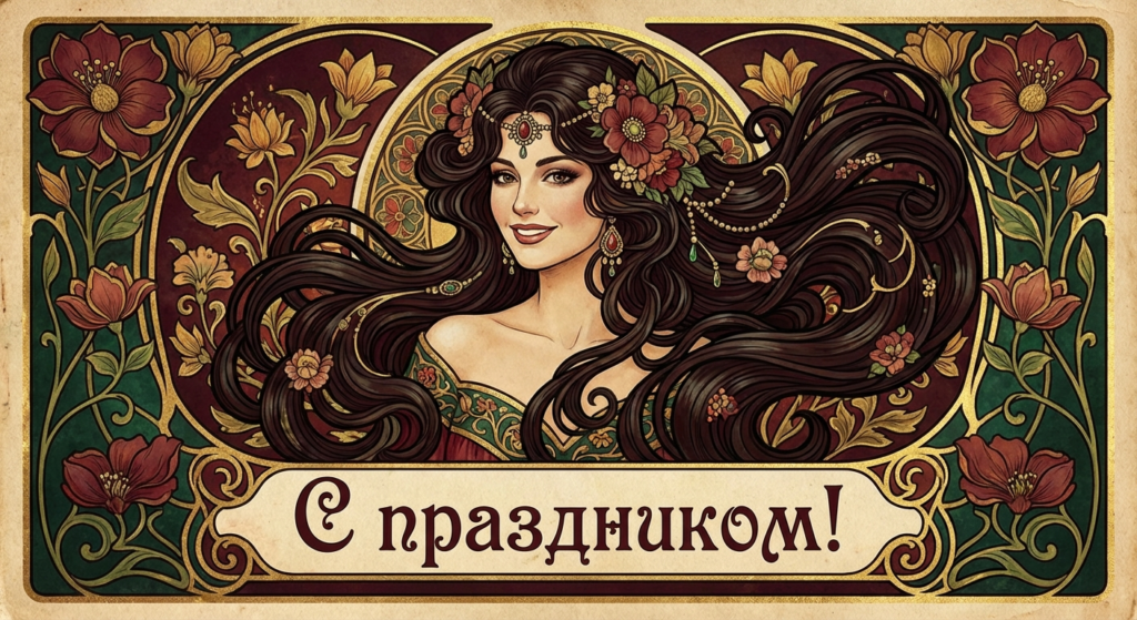 Создать открытку-картинку с поздравлением на День брюнеток с помощью нейросети