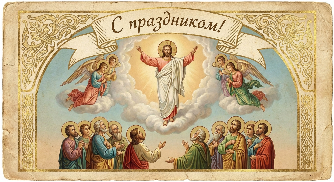 Создать открытку-картинку с поздравлением на Вознесение Господне с помощью нейросети