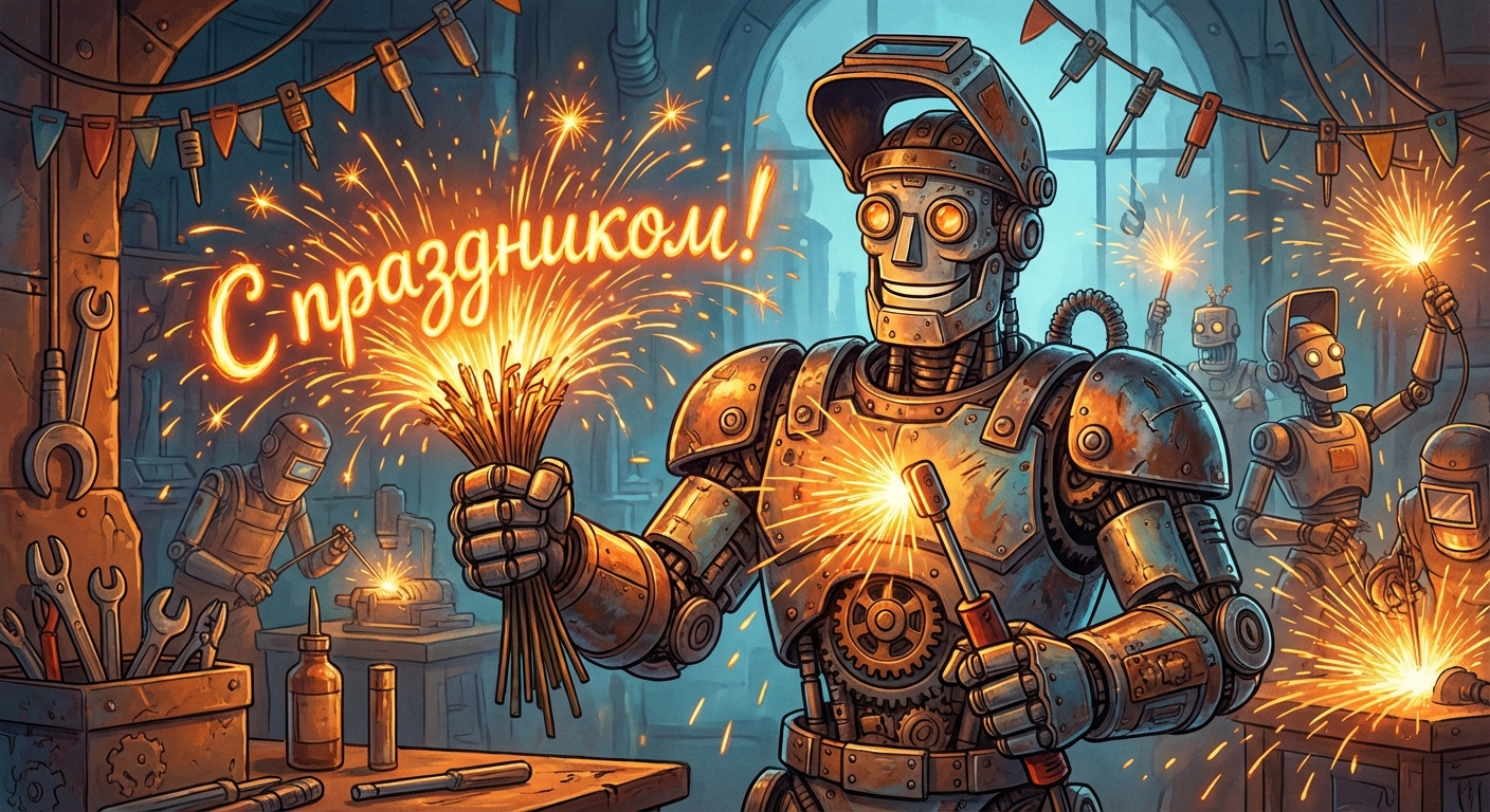 Создать открытку-картинку с поздравлением на День сварщика с помощью нейросети