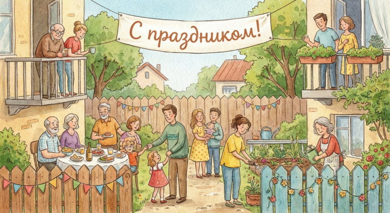 Создать открытку-картинку с поздравлением на День соседей с помощью нейросети