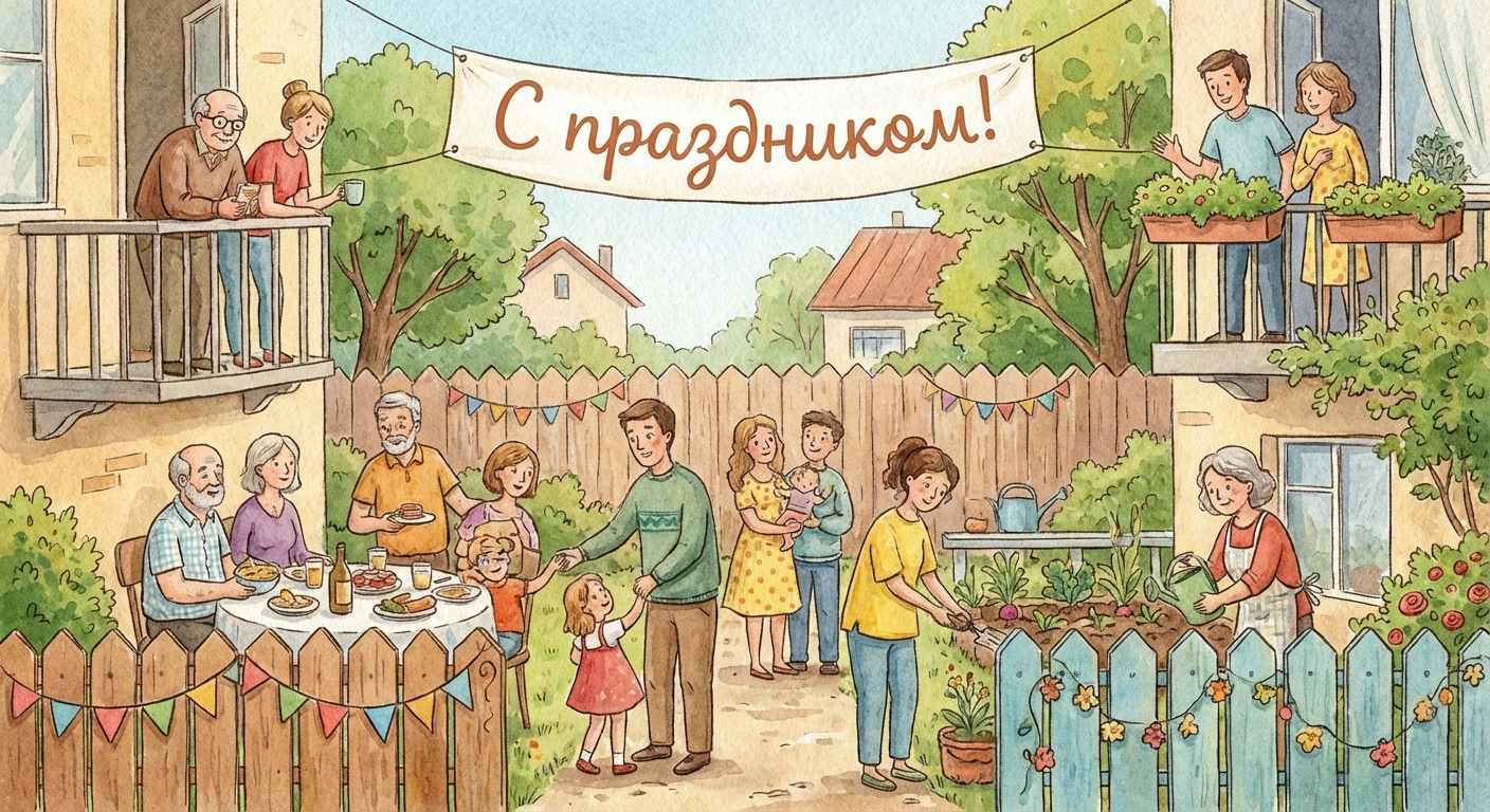 Создать открытку-картинку с поздравлением на День соседей с помощью нейросети