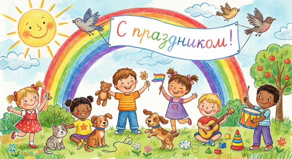 Создать открытку-картинку с поздравлением на День защиты детей с помощью нейросети