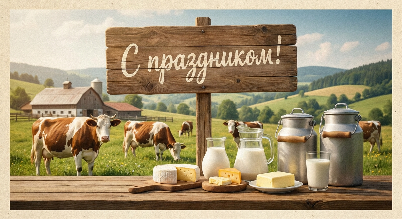 Создать открытку-картинку с поздравлением на День молока с помощью нейросети