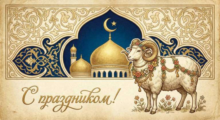 Создать открытку-картинку с поздравлением на Курбан-байрам с помощью нейросети