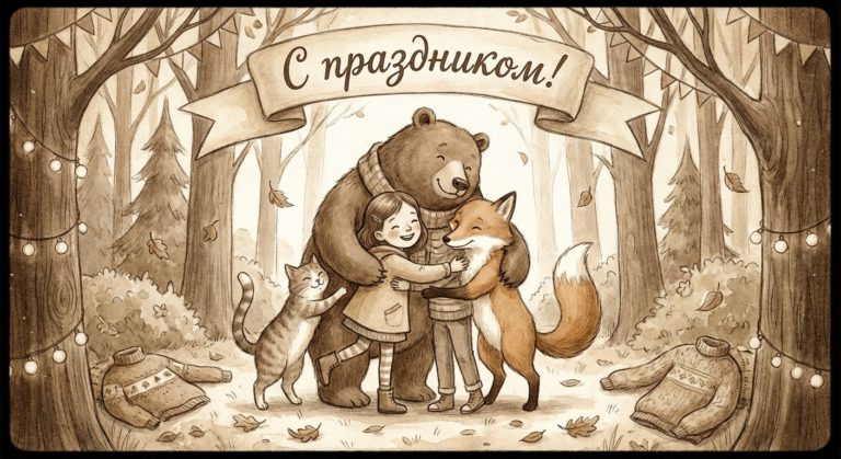 Создать открытку-картинку с поздравлением на День объятий с помощью нейросети