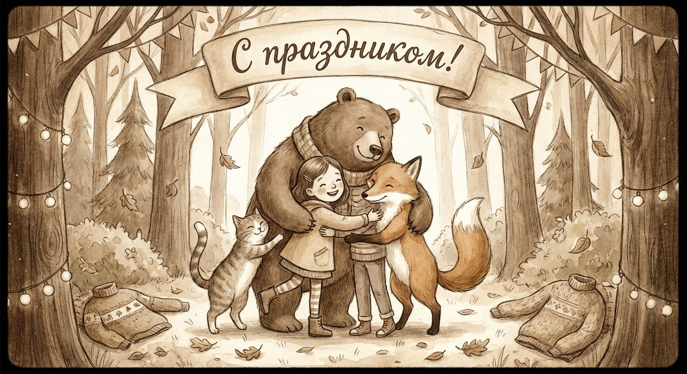 Создать открытку-картинку с поздравлением на День объятий с помощью нейросети