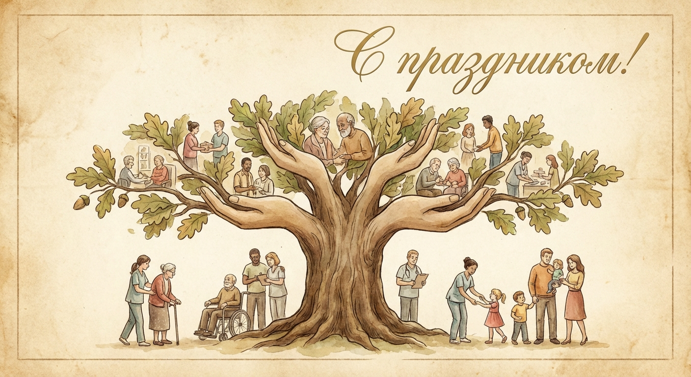 Создать открытку-картинку с поздравлением на День социального работника с помощью нейросети