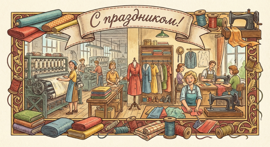 Создать открытку-картинку с поздравлением на День работников легкой промышленности с помощью нейросети