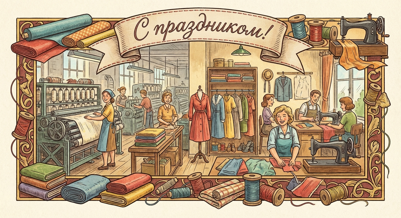 Создать открытку-картинку с поздравлением на День работников легкой промышленности с помощью нейросети
