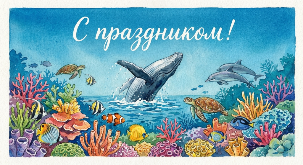 Создать открытку-картинку с поздравлением на Всемирный день океанов с помощью нейросети