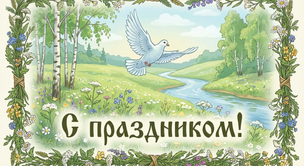 Создать открытку-картинку с поздравлением на Духов день с помощью нейросети
