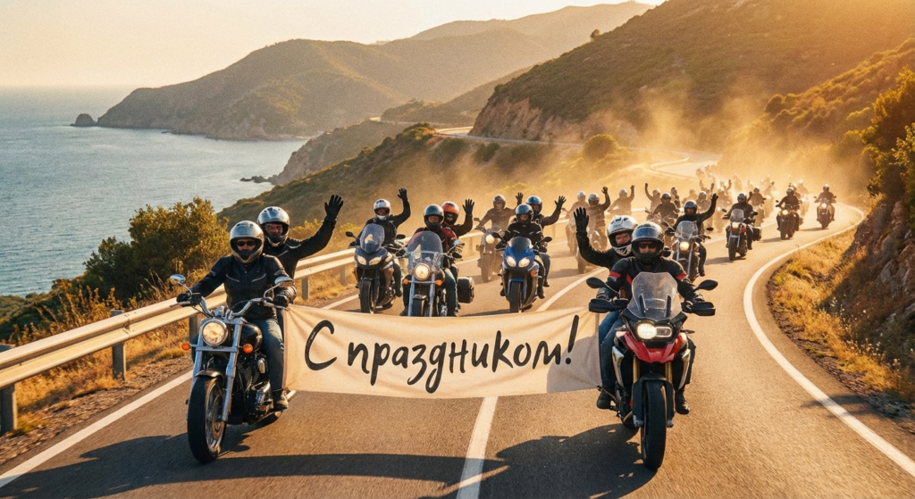 Создать открытку-картинку с поздравлением на Всемирный день мотоциклиста с помощью нейросети