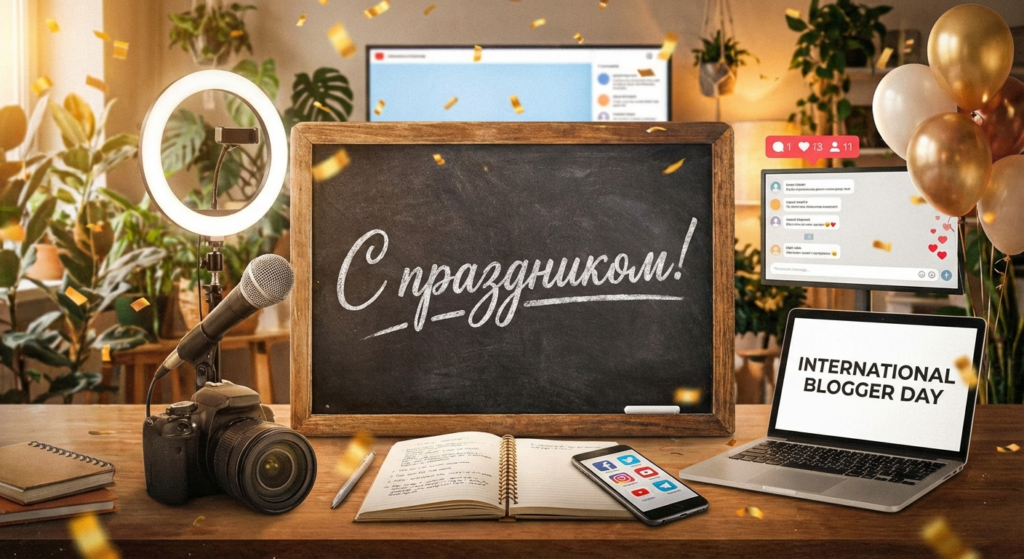 Создать открытку-картинку с поздравлением на Международный день блогера с помощью нейросети