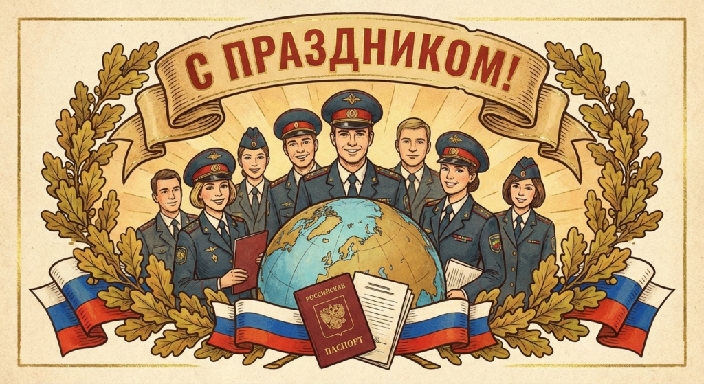 Создать открытку-картинку с поздравлением на День работников миграционной службы с помощью нейросети