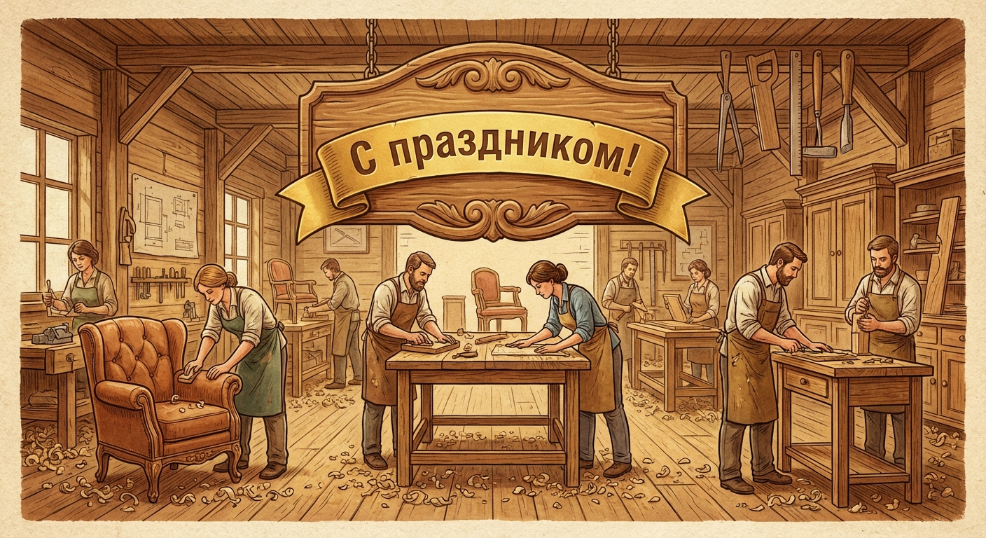 Создать открытку-картинку с поздравлением на День мебельщика с помощью нейросети