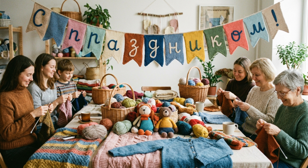 Создать открытку-картинку с поздравлением на Всемирный день вязания с помощью нейросети