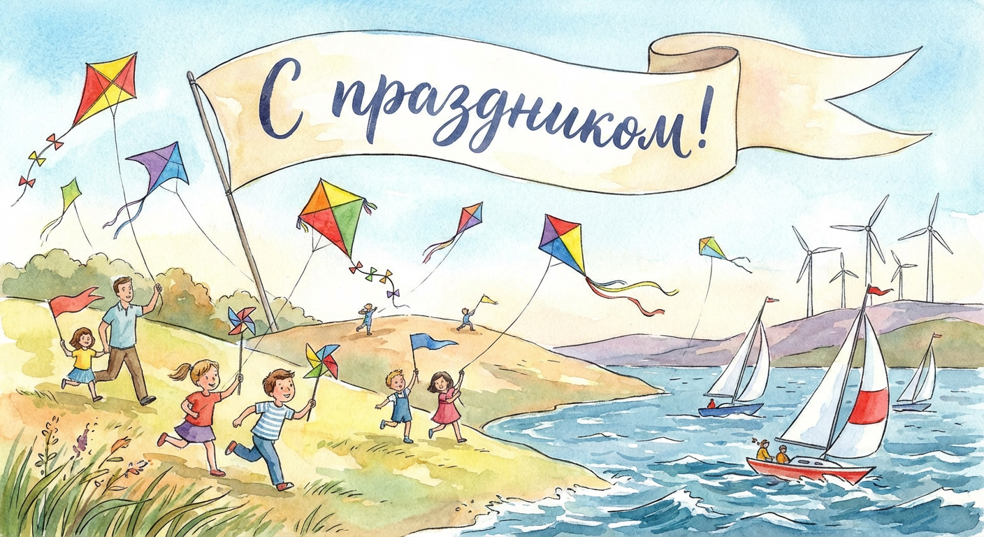 Создать открытку-картинку с поздравлением на Всемирный день ветра с помощью нейросети