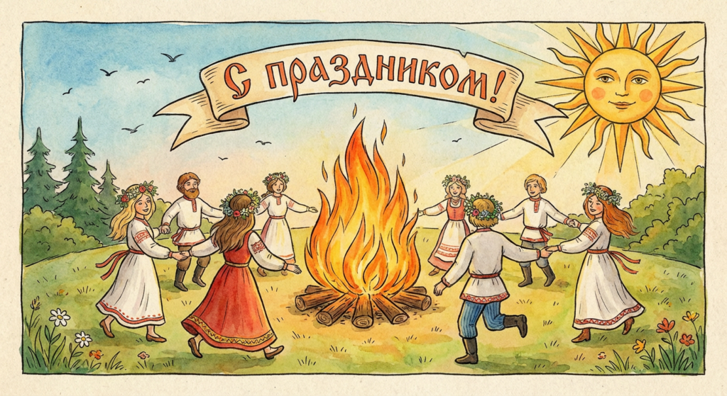 Создать открытку-картинку с поздравлением на День летнего солнцестояния с помощью нейросети