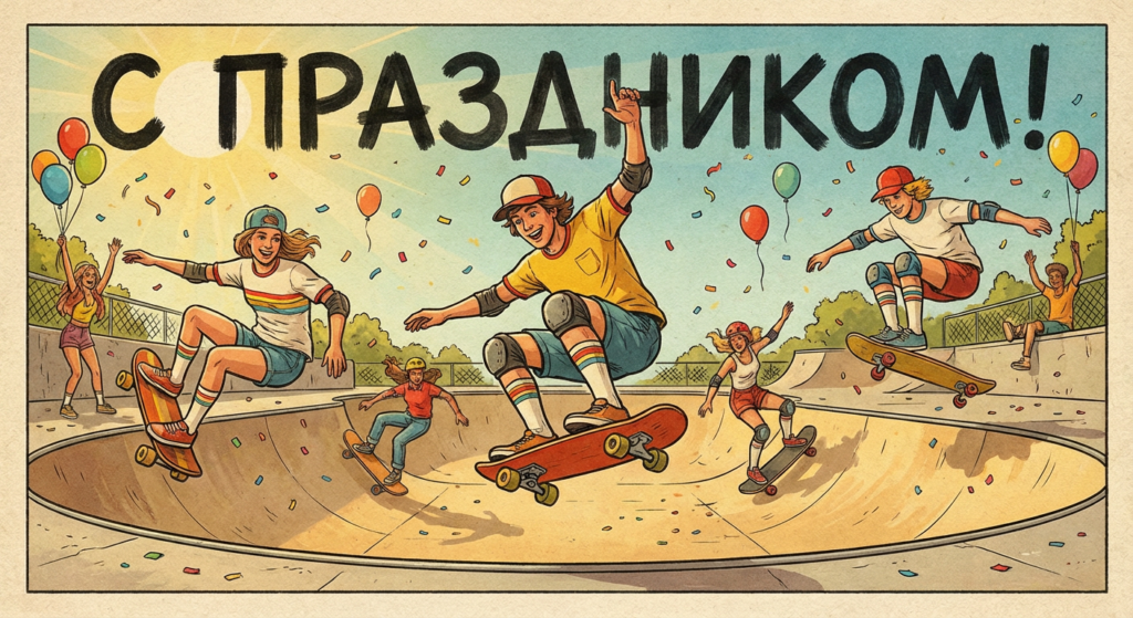 Создать открытку-картинку с поздравлением на День скейтбординга с помощью нейросети