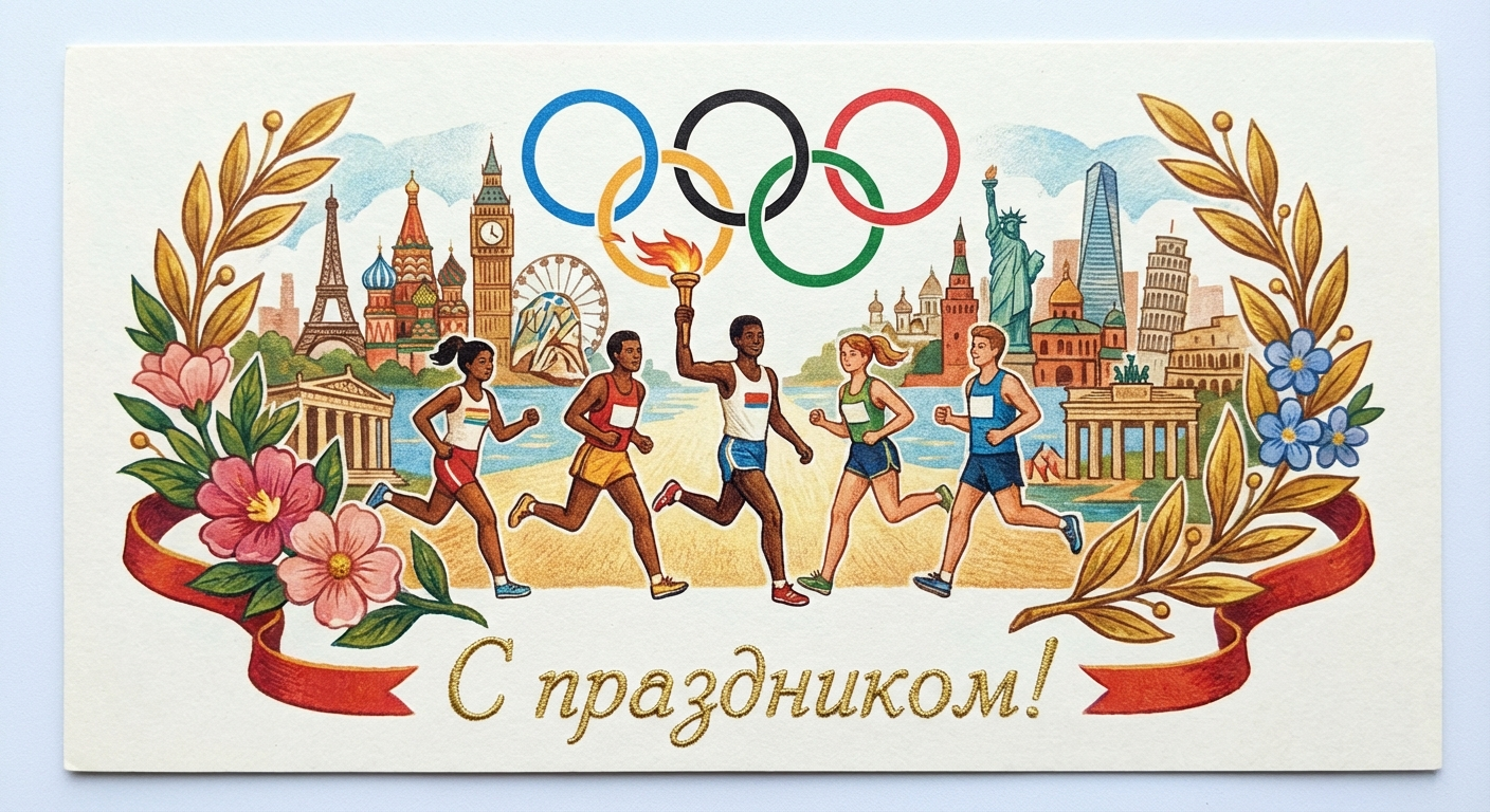 Создать открытку-картинку с поздравлением на Международный Олимпийский день с помощью нейросети