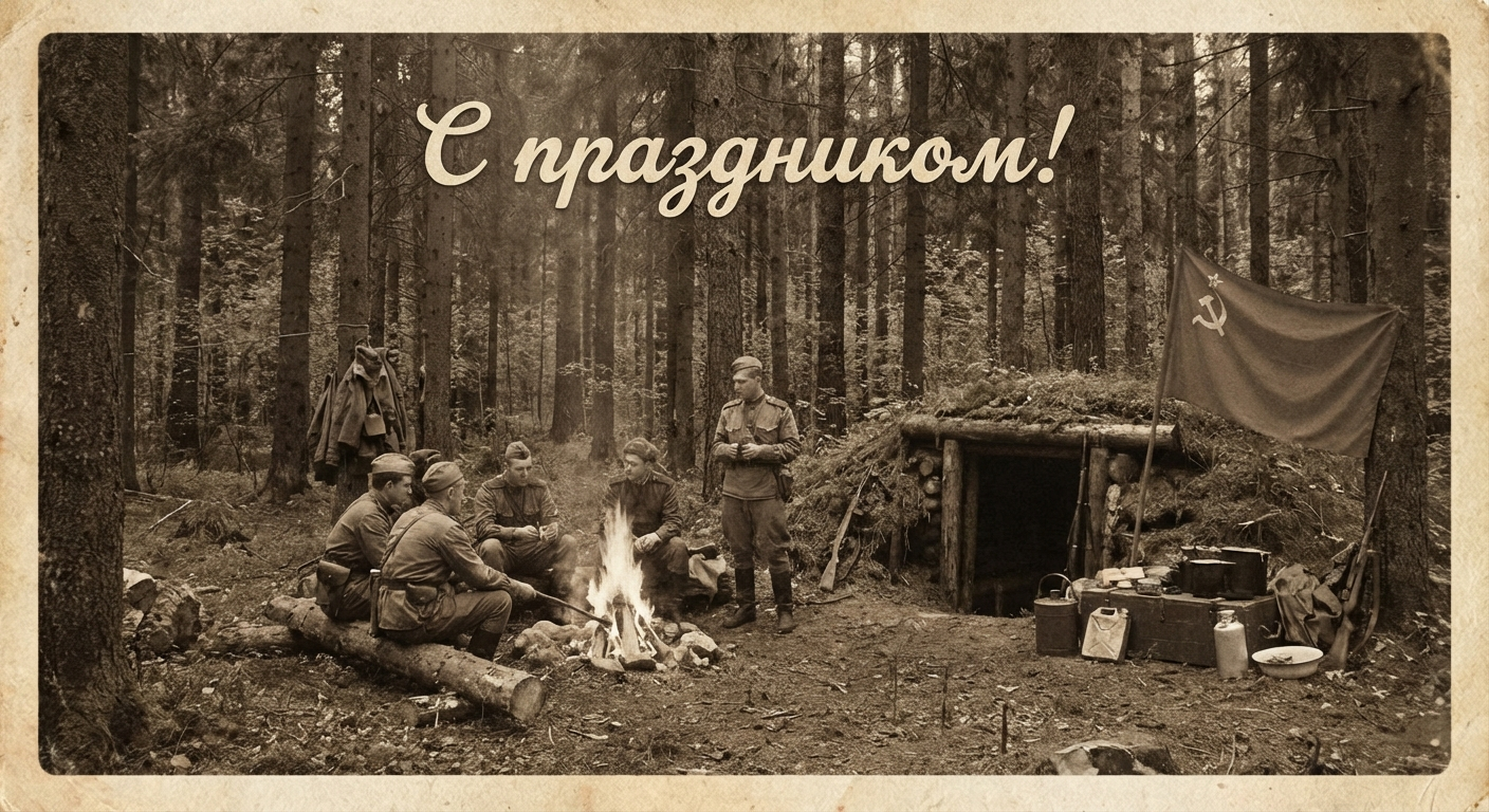 Создать открытку-картинку с поздравлением на День партизан и подпольщиков с помощью нейросети