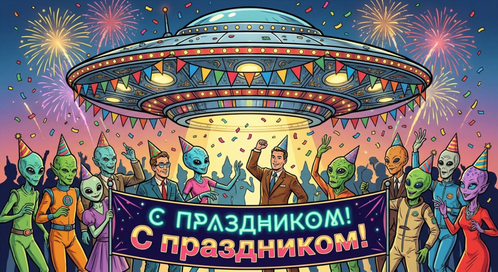 Создать открытку-картинку с поздравлением на День НЛО (уфолога) с помощью нейросети