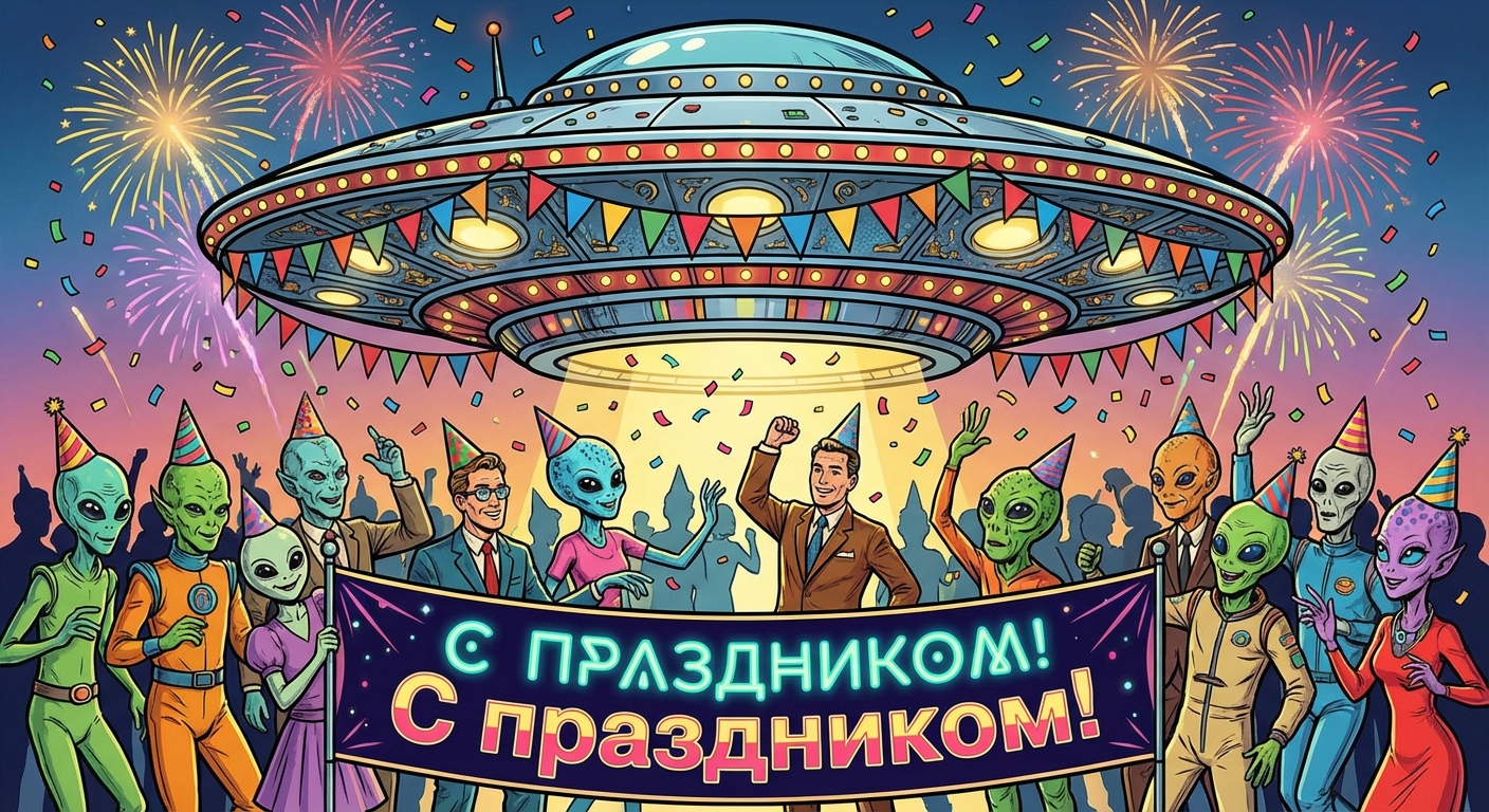 Создать открытку-картинку с поздравлением на День НЛО (уфолога) с помощью нейросети