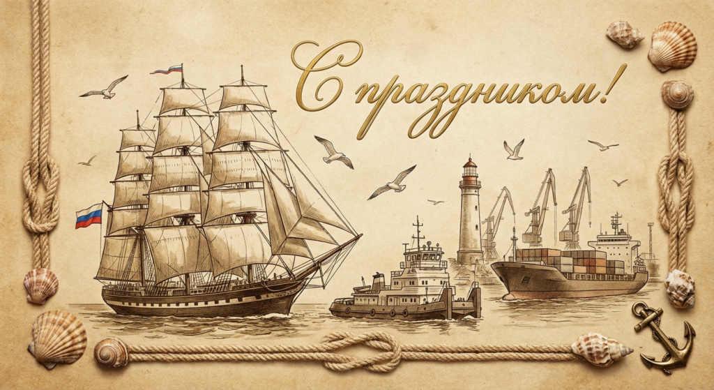 Создать открытку-картинку с поздравлением на День работников морского и речного флота с помощью нейросети