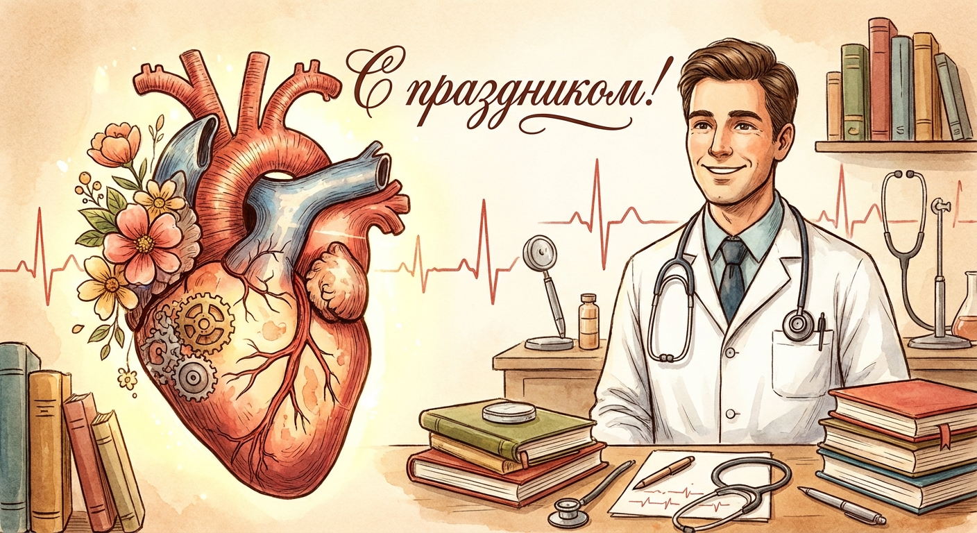 Создать открытку-картинку с поздравлением на День кардиолога с помощью нейросети