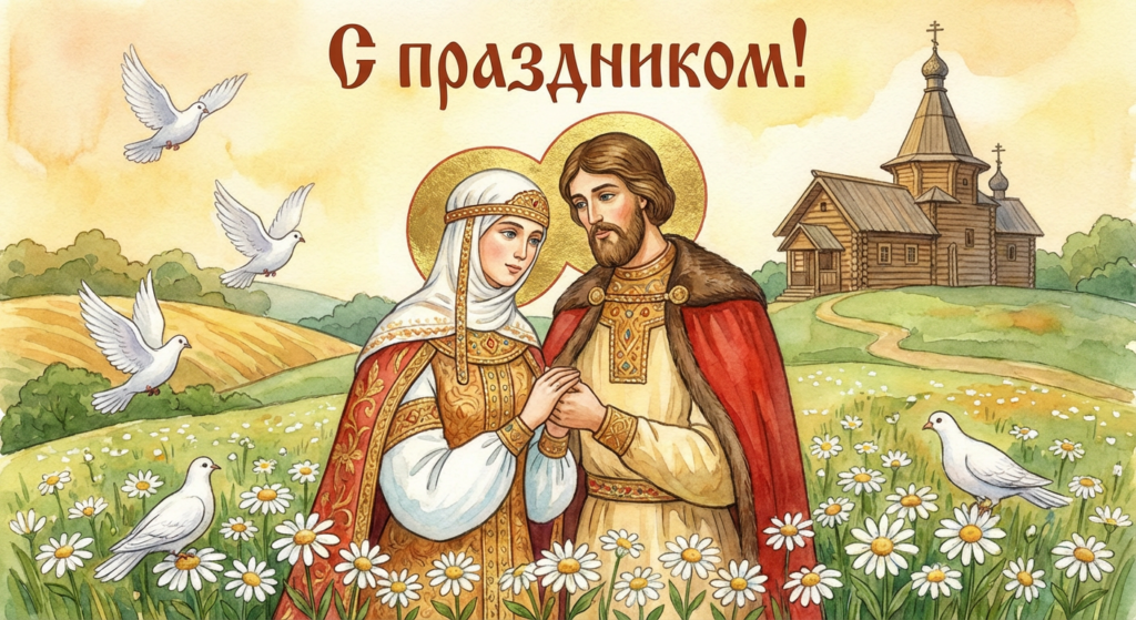 Создать открытку-картинку с поздравлением на День Петра и Февронии с помощью нейросети
