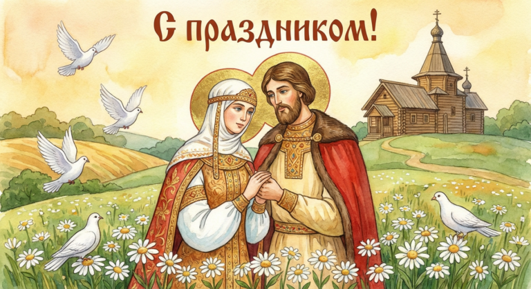 Создать открытку-картинку с поздравлением на День Петра и Февронии с помощью нейросети