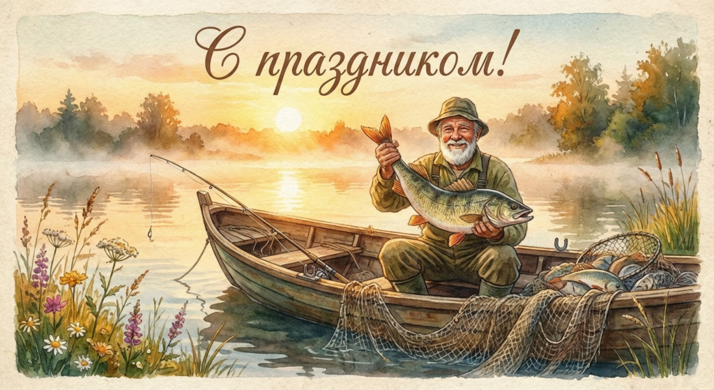 Создать открытку-картинку с поздравлением на День рыбака с помощью нейросети