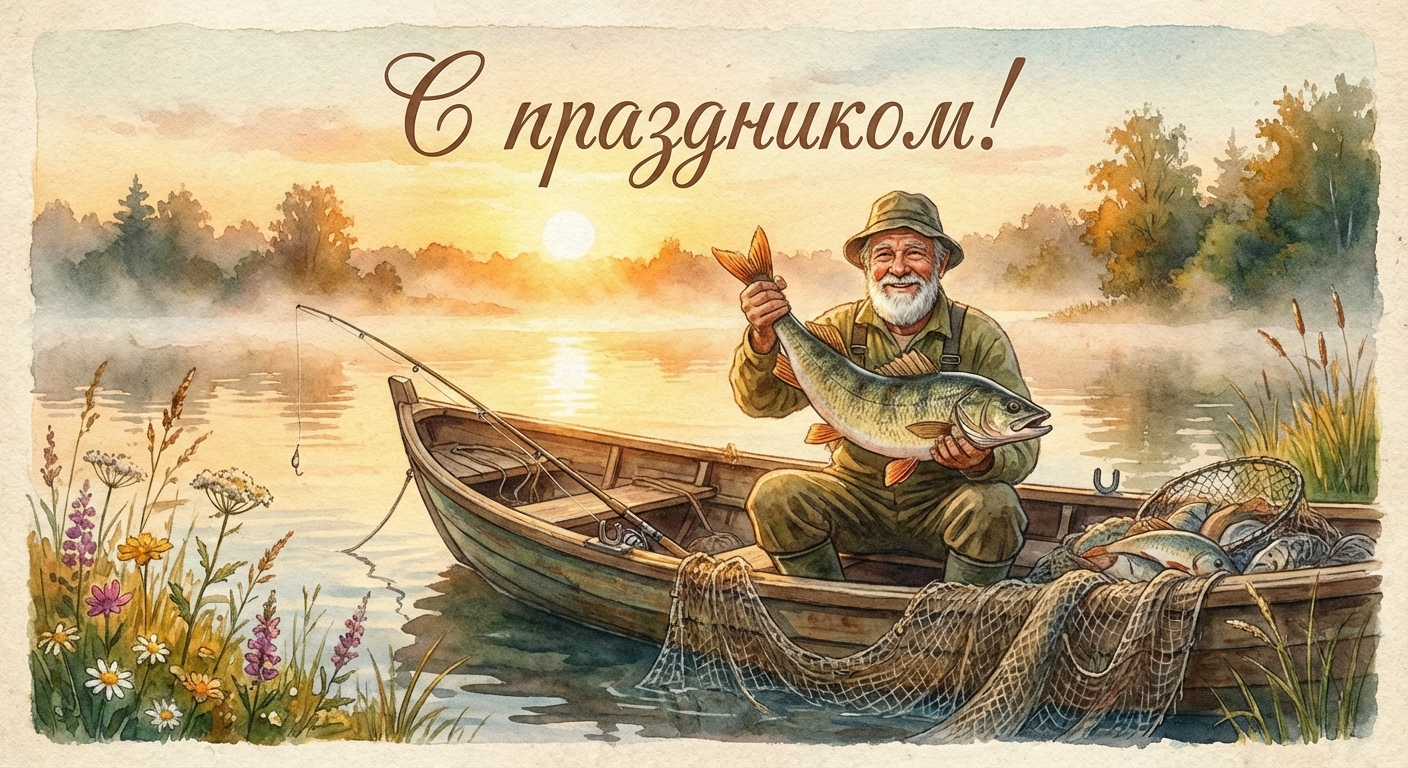 Создать открытку-картинку с поздравлением на День рыбака с помощью нейросети