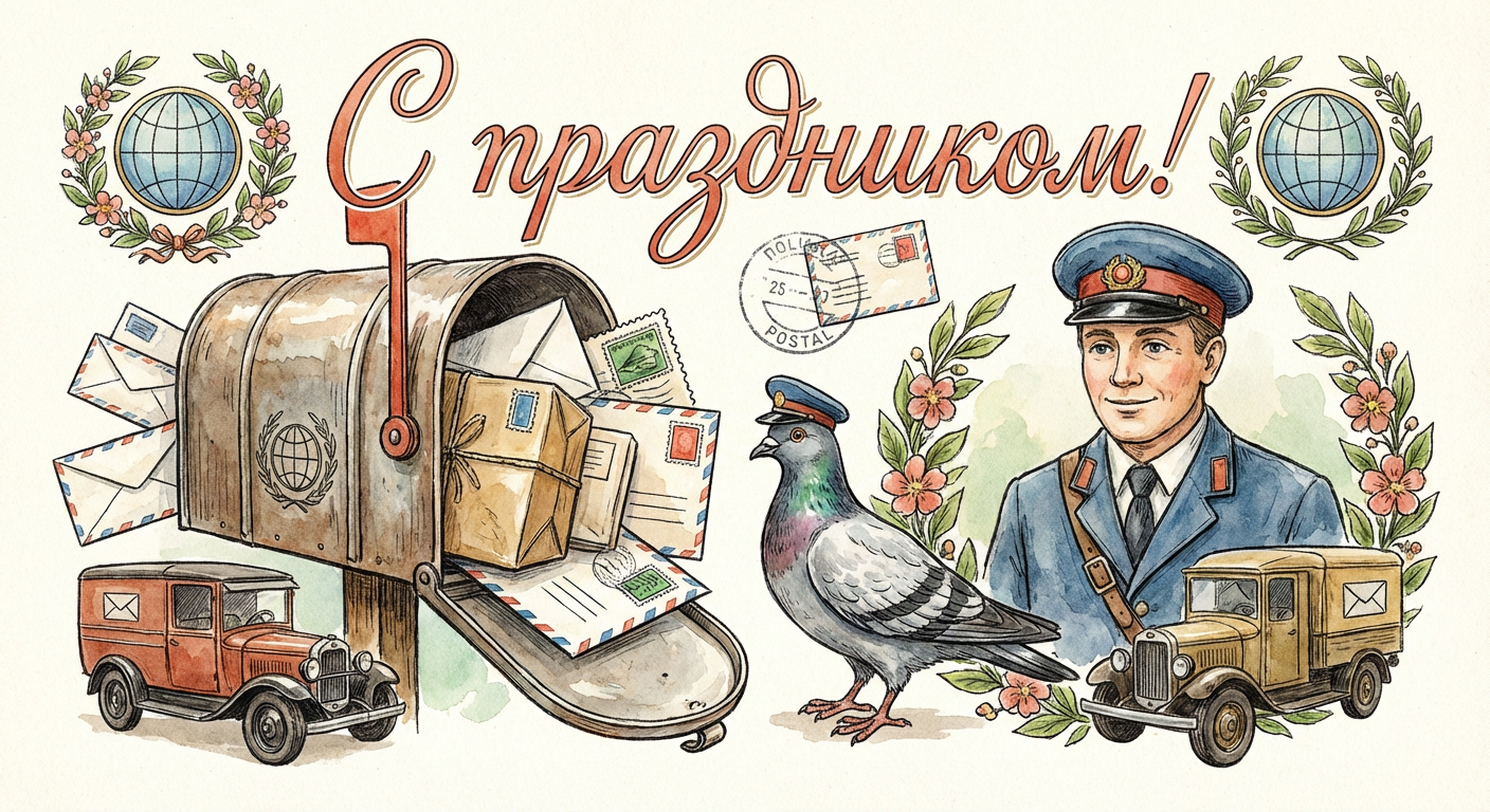 Создать открытку-картинку с поздравлением на День почты с помощью нейросети