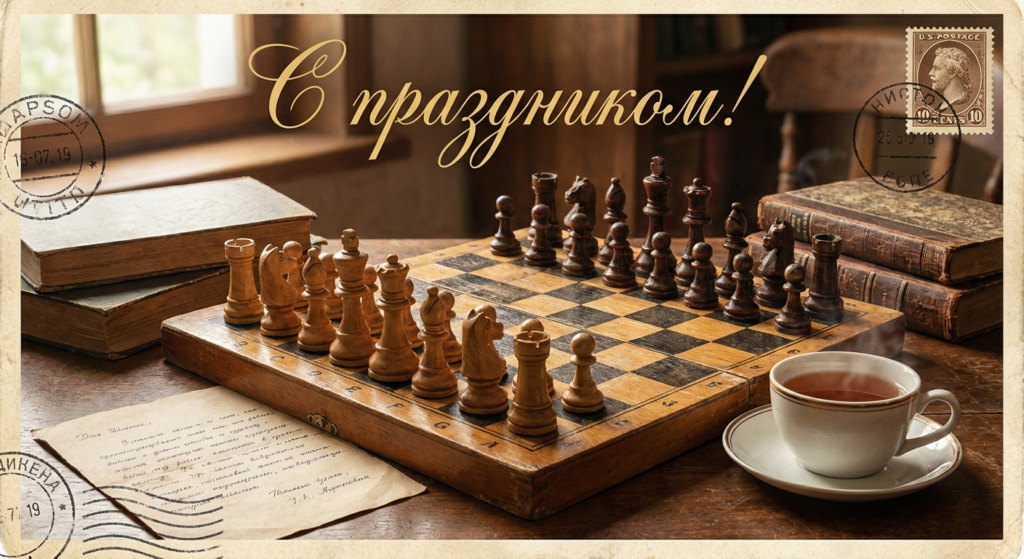 Создать открытку-картинку с поздравлением на Международный день шахмат с помощью нейросети