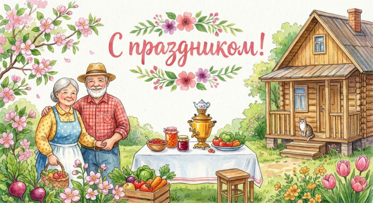 Создать открытку-картинку с поздравлением на День дачника с помощью нейросети