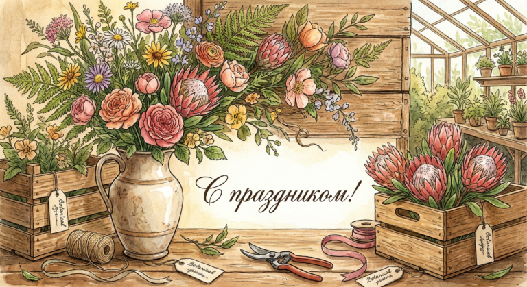 Создать открытку-картинку с поздравлением на День флориста с помощью нейросети