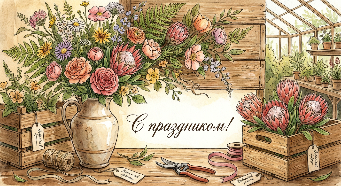 Создать открытку-картинку с поздравлением на День флориста с помощью нейросети