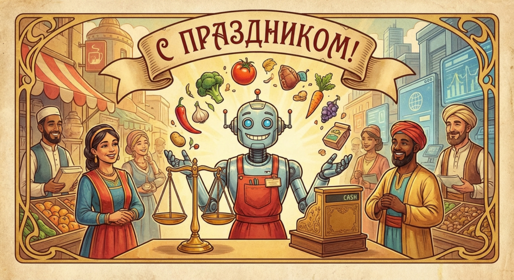 Создать открытку-картинку с поздравлением на День работников торговли с помощью нейросети