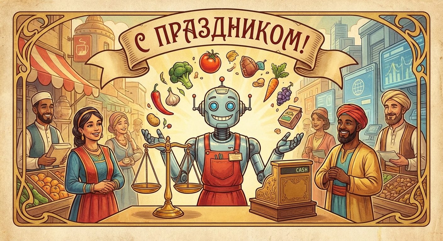 Создать открытку-картинку с поздравлением на День работников торговли с помощью нейросети