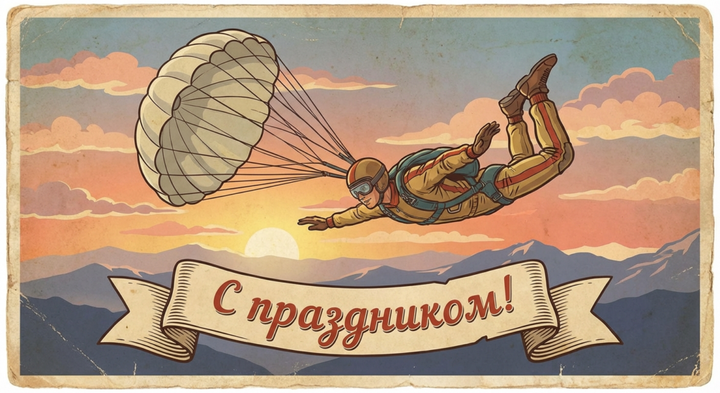 Создать открытку-картинку с поздравлением на День парашютиста с помощью нейросети