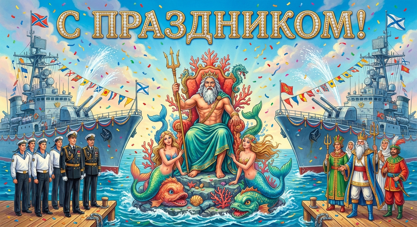 Создать открытку-картинку с поздравлением на День Военно-Морского Флота (день Нептуна) с помощью нейросети